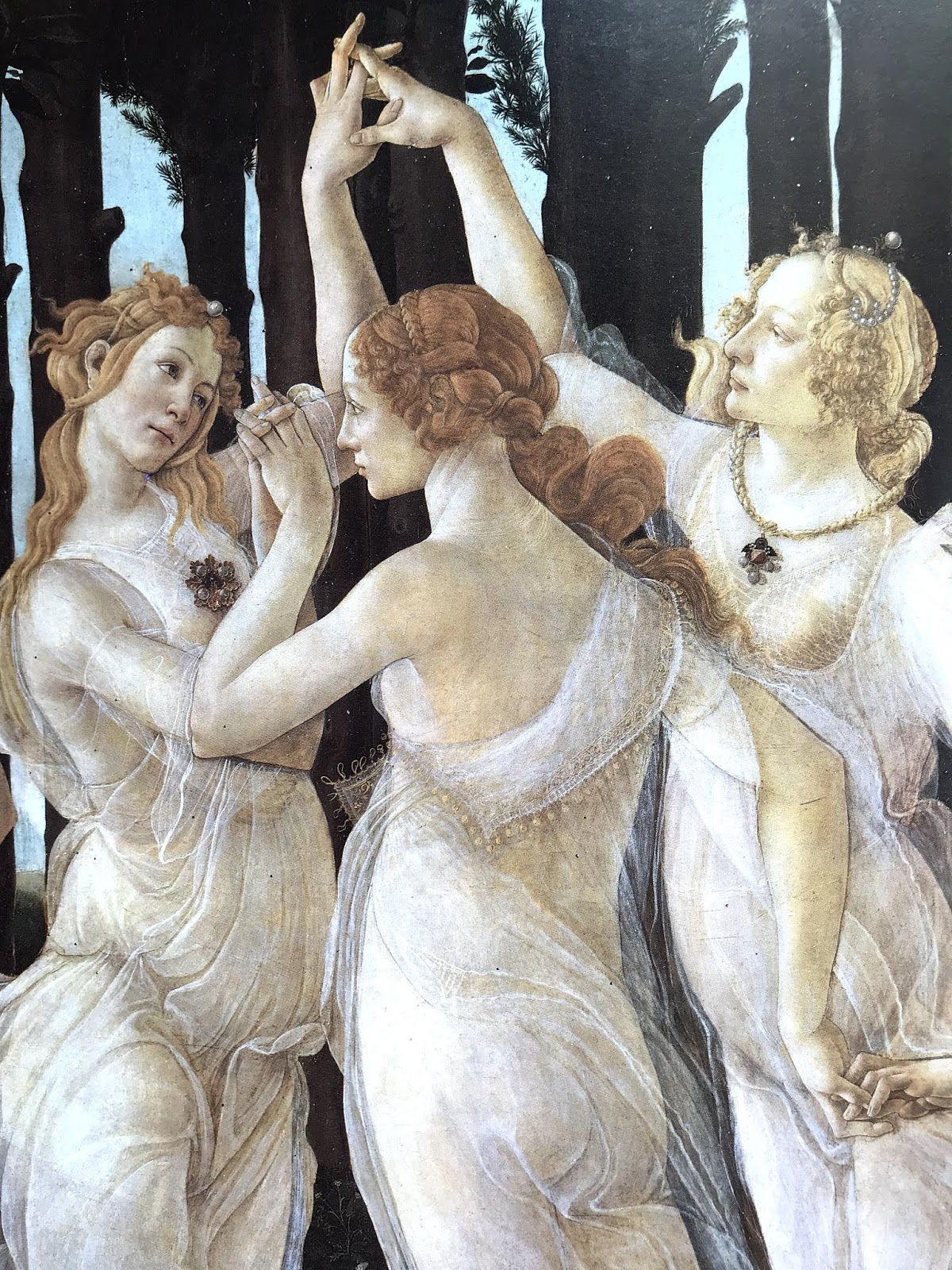 Dettaglio "Le tre Grazie" Sandro Botticelli "La Primavera" 1480 ca. Tempera grassa su tavola cm. 207x319 Firenze - Galleria degli Uffizi (Fig.13)