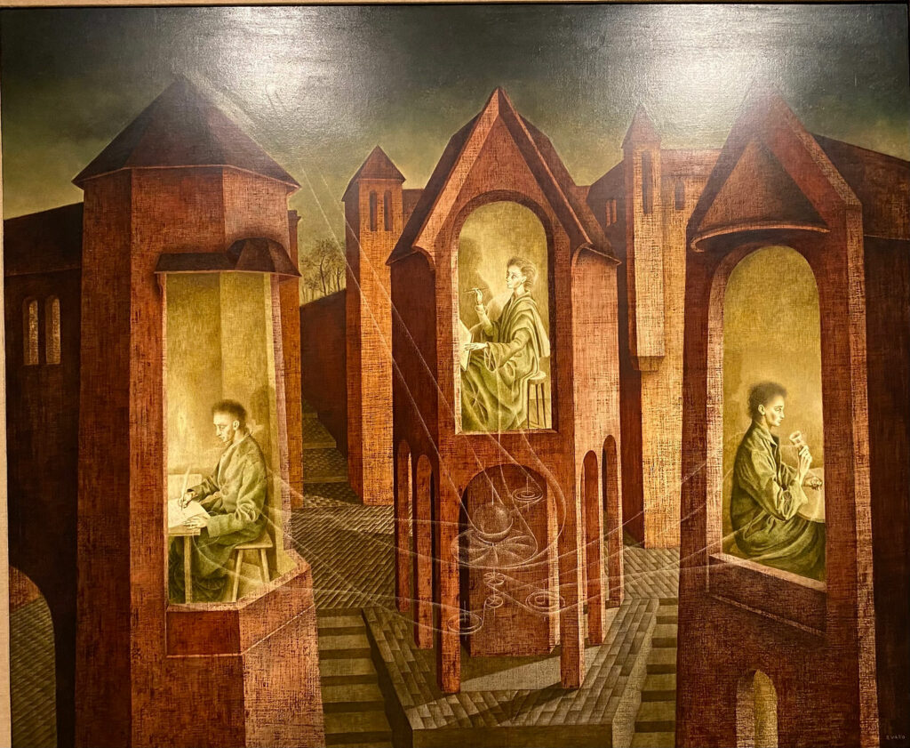 Remedios Varo "I tre destini" 1956, olio su masonite. Collezione privata, California.