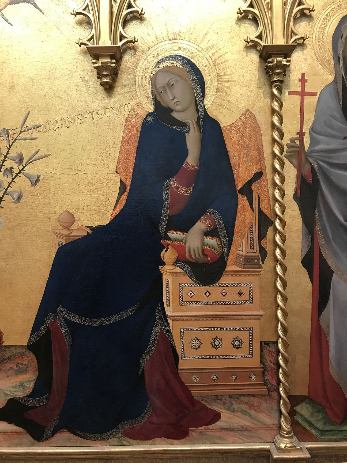 Simone Martini e Lippo Lemmi "Annunciazione e i Santi Ansano e Massima" (1333) tempera su tavola, fondo oro, 184x210 cm. Gallerie degli Uffizi, Firenze. Dettaglio.