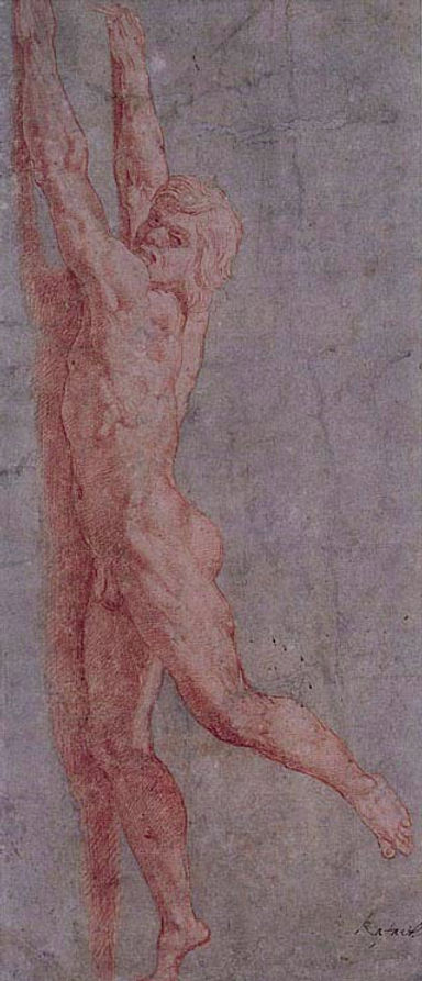 Raffaello Sanzio "Giovane nudo aggrappato a un muro" Sanguigna su disegno a matita nera (cm. 26.5x16.1), Vienna, Graphische Sammlung Albertina (Fig.)Studio per una figura nell'atto di calarsi da un muro presente nell'Incendio di Borgo (Fig.5)