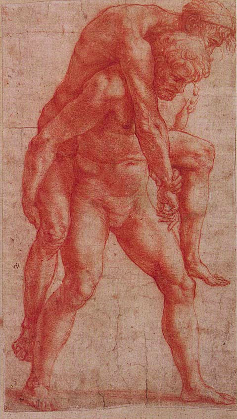 Raffaello Sanzio "Giovane che porta sulle spalle un vecchio"  Sanguigna su foglio 1514 ca. (cm. 30x17,3) Vienna, Graphische Sammlung Albertina (Fig.4)