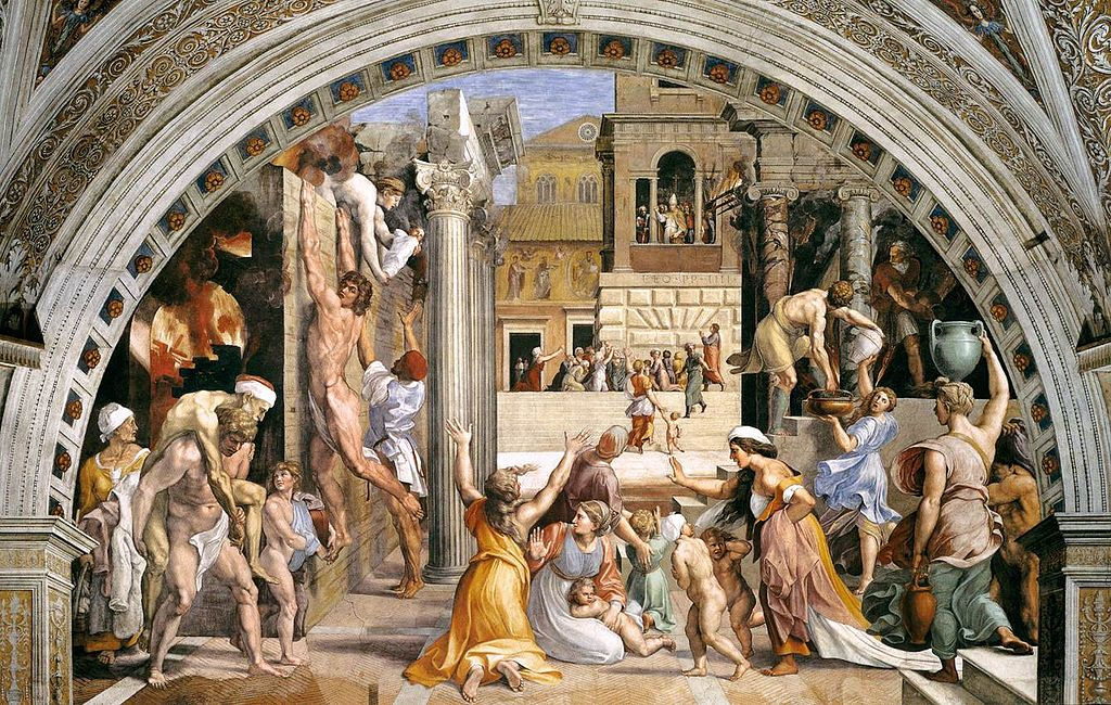 "Incendio di Borgo" di Raffaello Sanzio, 1514 - Affresco, (dimensione massima 728 cm.) Città del Vaticano, Stanza dell'Incendio di Borgo e lo Stile Classico. (Fig.1)