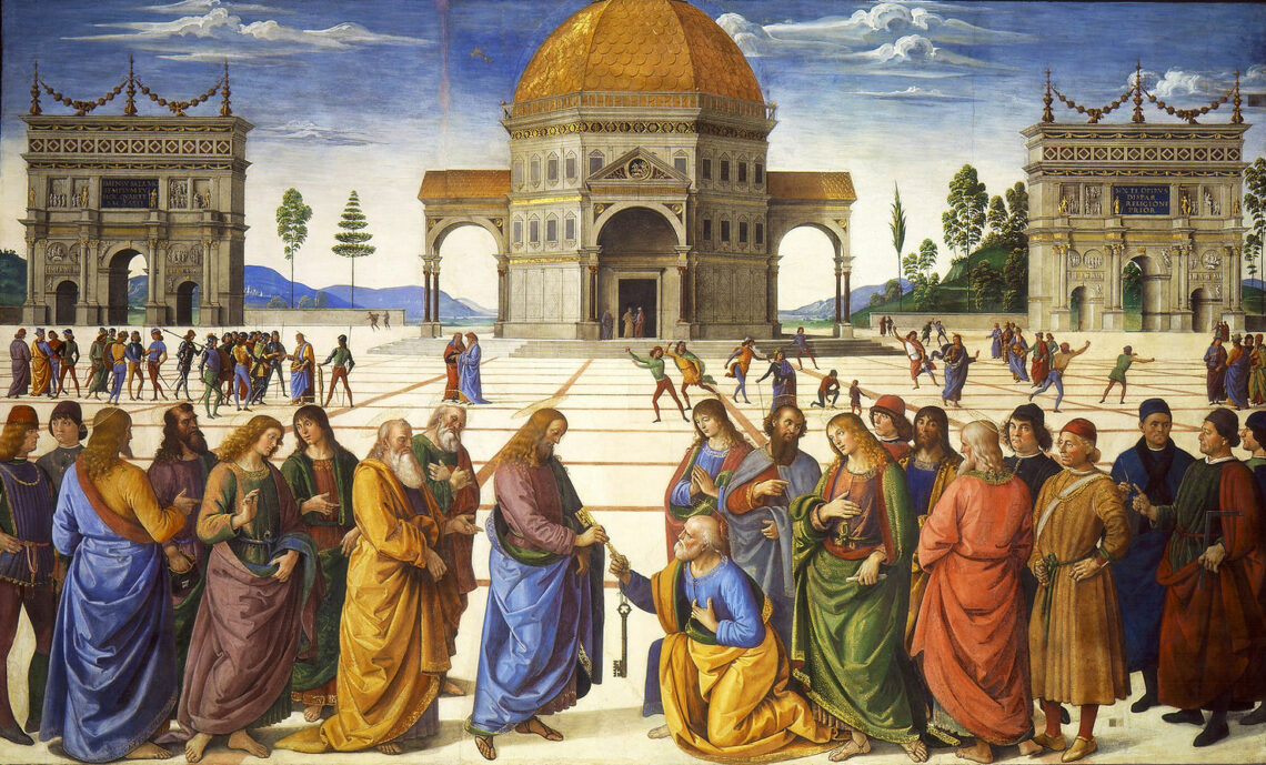 Pietro Perugino “Consegna delle Chiavi” 1481-1482, affresco cm 340x550. Roma, Città del Vaticano, Cappella Sistina.