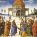 Pietro Perugino “Consegna delle Chiavi” 1481-1482, affresco cm 340x550. Roma, Città del Vaticano, Cappella Sistina.